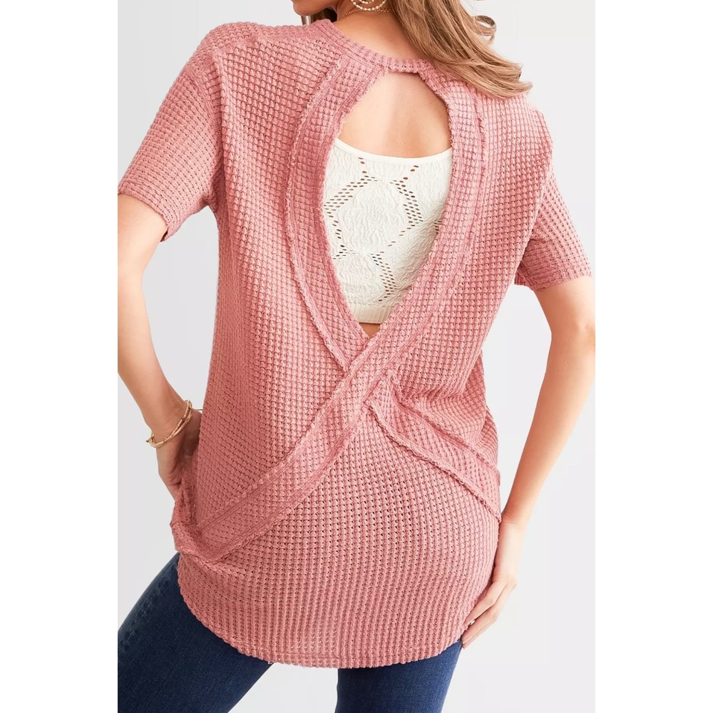 BKE Withered Pink Waffle Knit Short Sleeve Open Back‎ Shirt Top Womens Size S